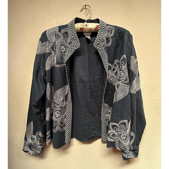 Chico's Women's Blue Embroidered Floral Open Front Blazer Size 2 Long Sleeve - Picture 1 of 8